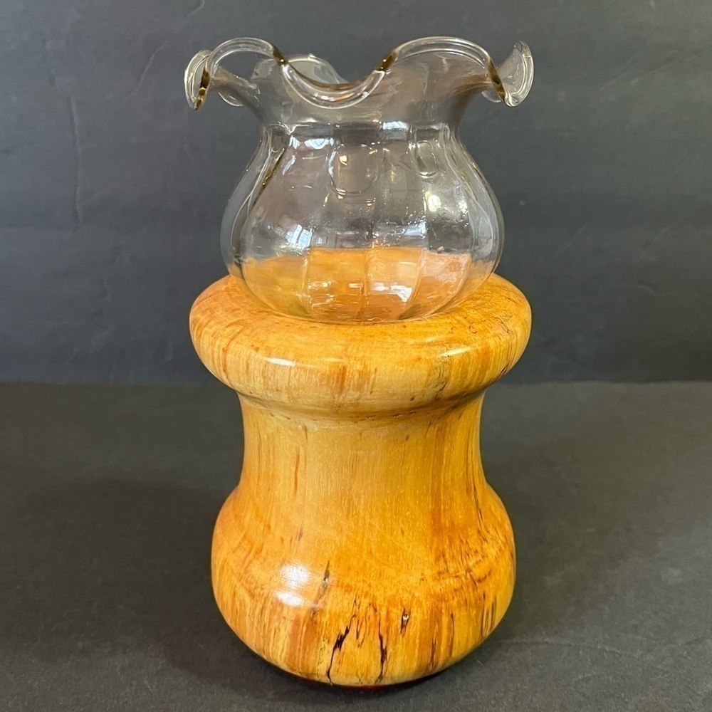 Vintage Wooden Candle Holder Votive Hand Turned Spelt Tulip Glass Mid-Century
